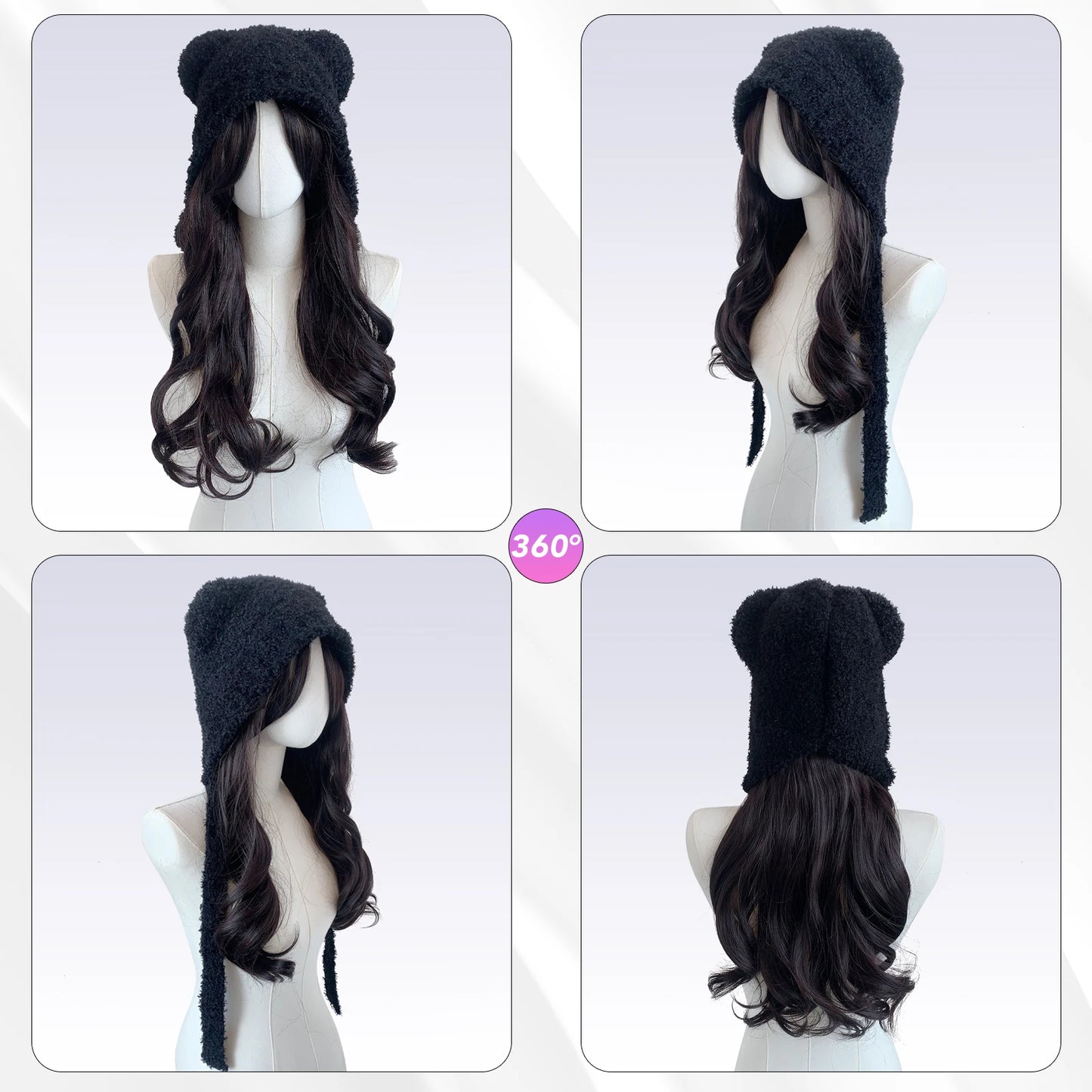 MEISU 20” Bear Hat Wig – Black Synthetic Hair, Heat-Resistant