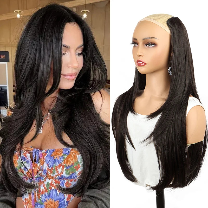 WIGSIN 22” V-Shaped Clip-In Wig – Long Straight Synthetic Black & Blonde Hair