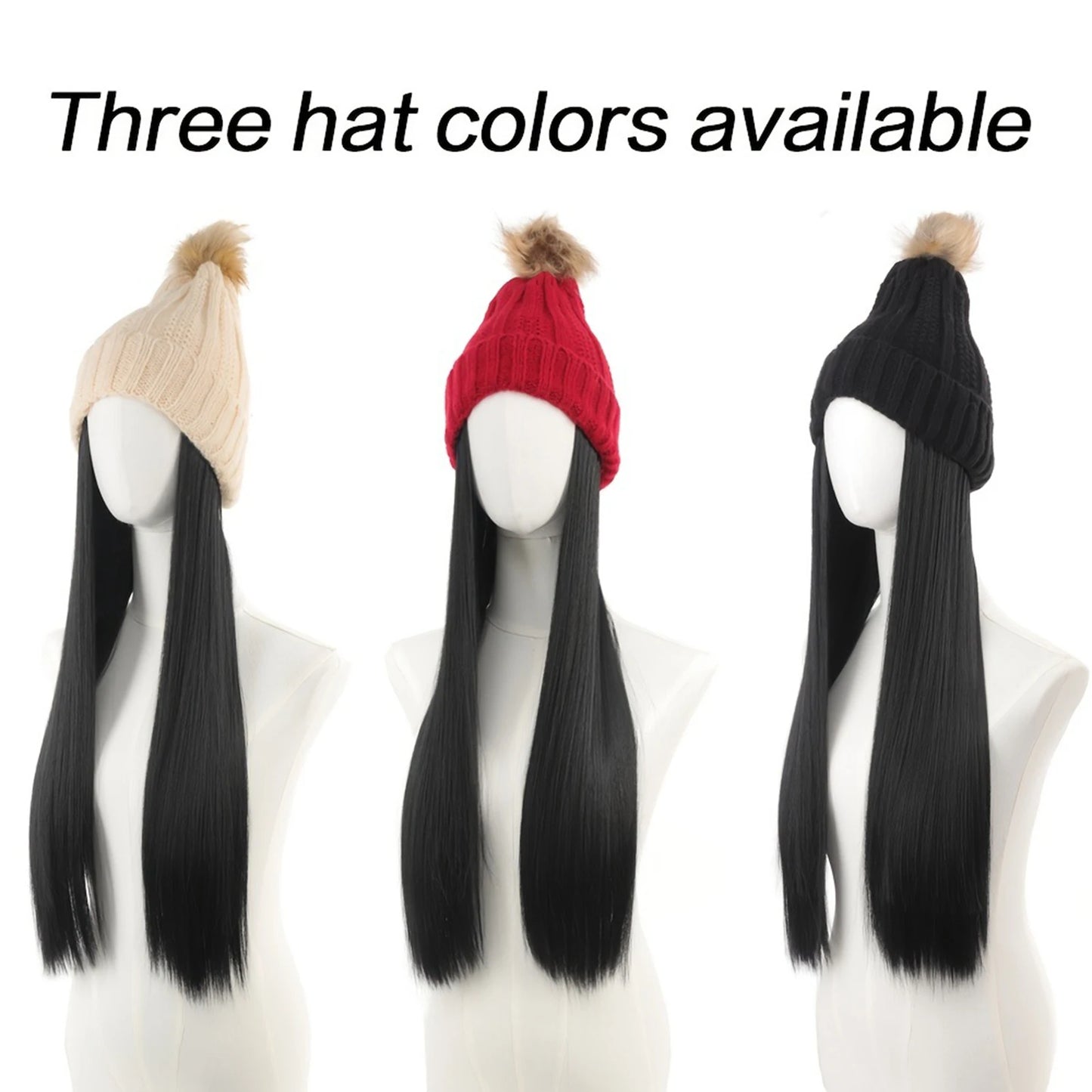 Women’s Winter Knit Hat Wig – Long Straight Black Synthetic Hair