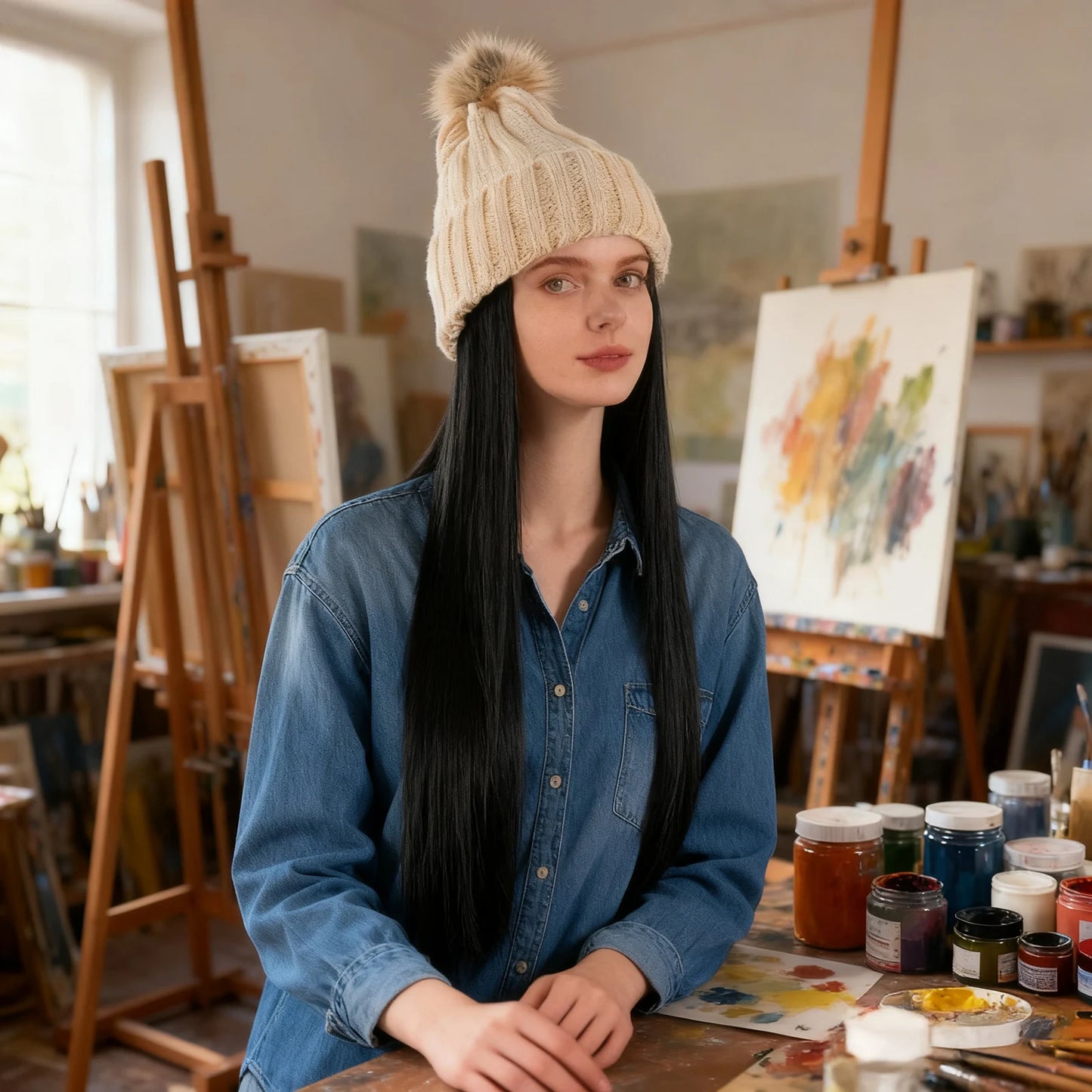 Women’s Winter Knit Hat Wig – Long Straight Black Synthetic Hair