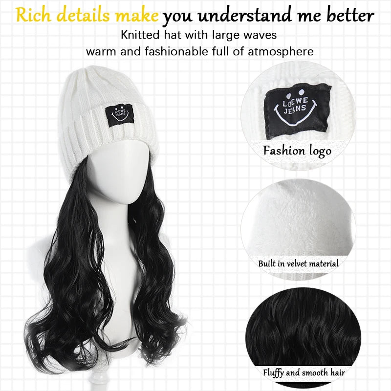Fashionable Knitted Hat Wig – Long Curly Synthetic Hair for Women