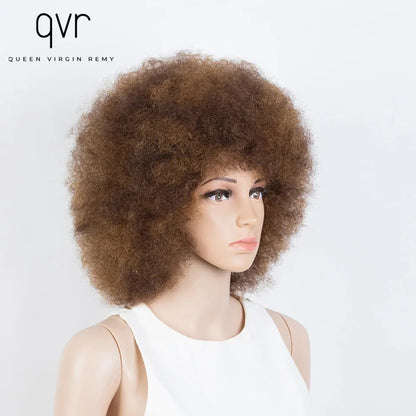 QVR Short Afro Kinky Curly Wig with Bangs – 180% Human Hair