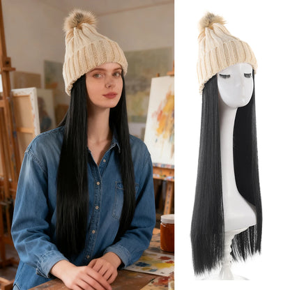 Women’s Winter Knit Hat Wig – Long Straight Black Synthetic Hair