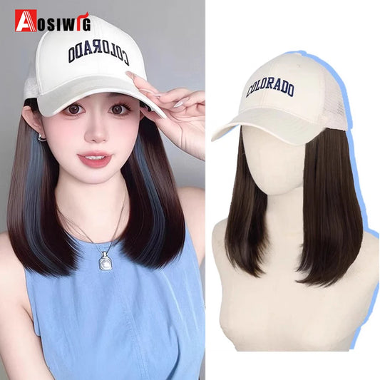 Synthetic Long Straight Cap Wig – Black with Blue & Off-White Highlights