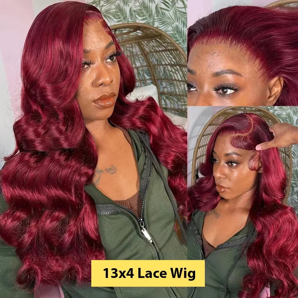 250% Density Burgundy Red Body Wave Wig – 13x4/13x6 HD Lace, Human Hair