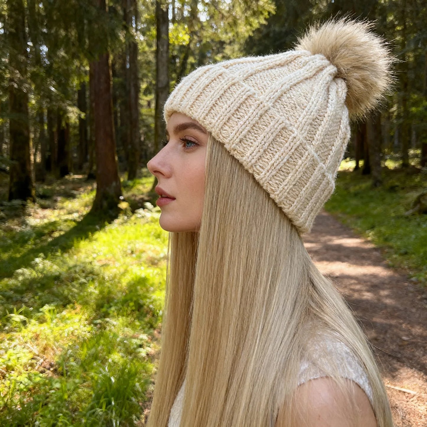 Women’s Winter Knit Hat Wig – Long Straight Black Synthetic Hair