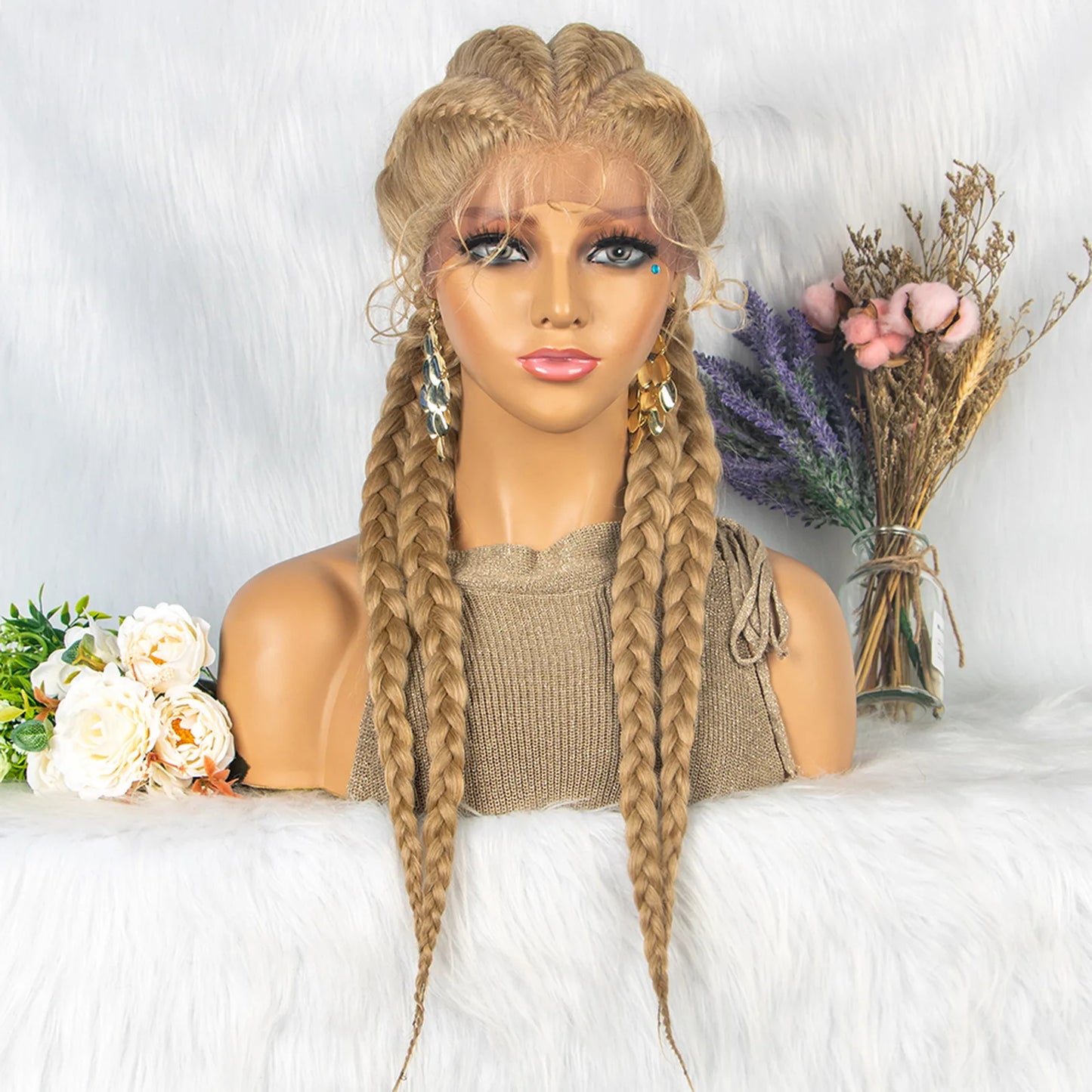 26” Synthetic Dutch Twin Cornrows Wig – Lace Front with Baby Hair
