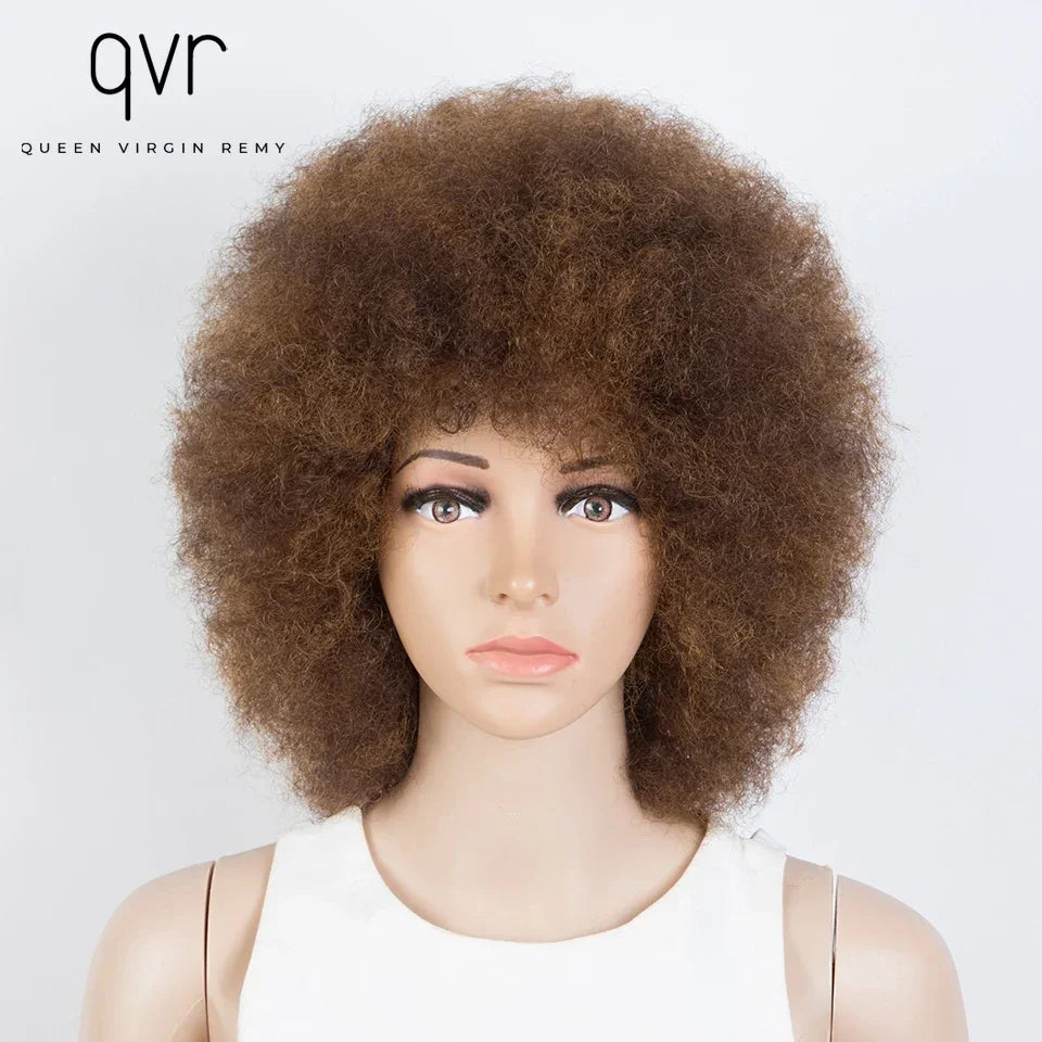 QVR Short Afro Kinky Curly Wig with Bangs – 180% Human Hair