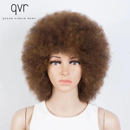QVR Short Afro Kinky Curly Wig with Bangs – 180% Human Hair