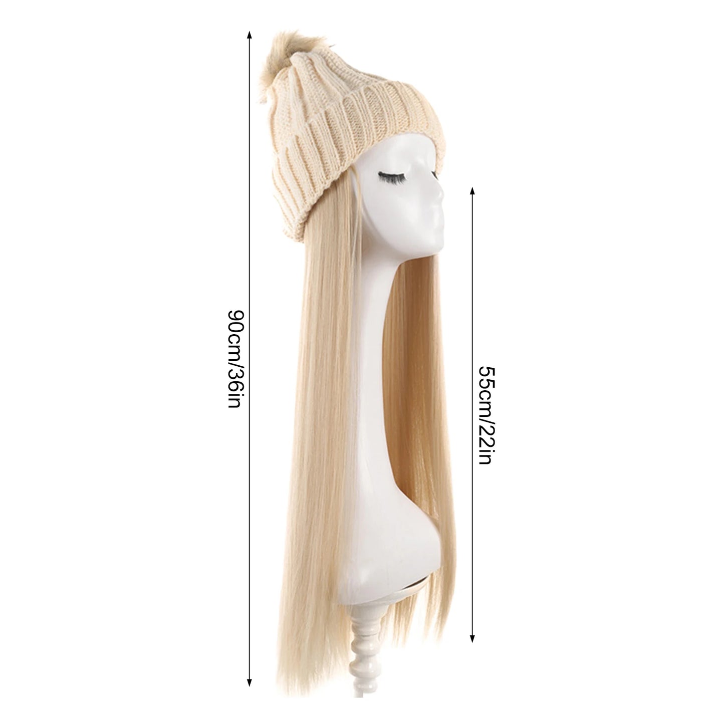 Women’s Winter Knit Hat Wig – Long Straight Black Synthetic Hair