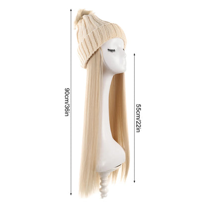 Women’s Winter Knit Hat Wig – Long Straight Black Synthetic Hair