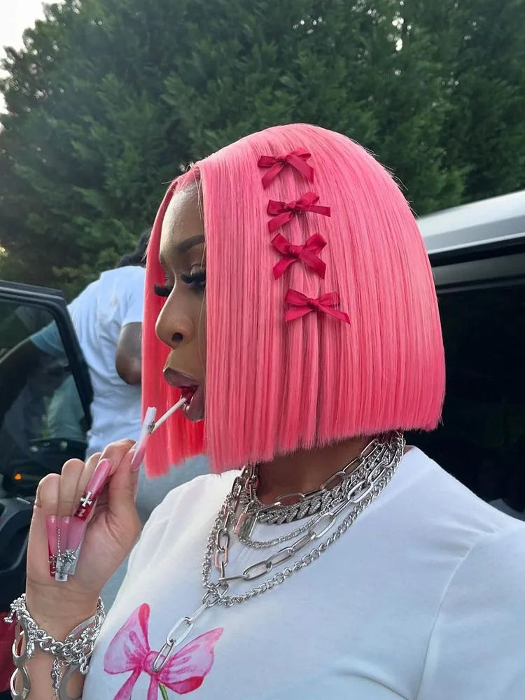 Pink Short Bob Wig – 13x4 Lace, 180% Human Hair